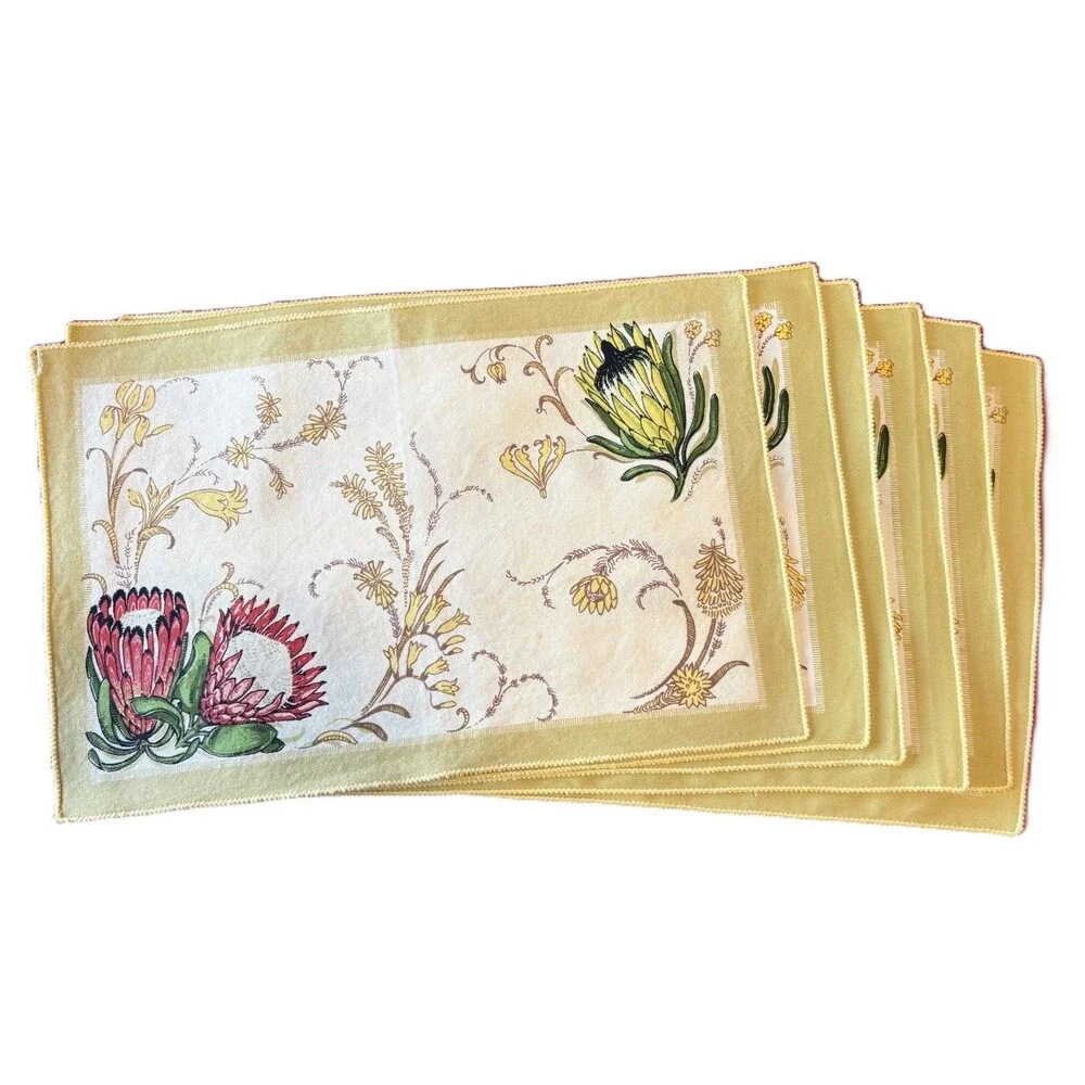6 Vintage MCM Placemats Yellow with African Flowers